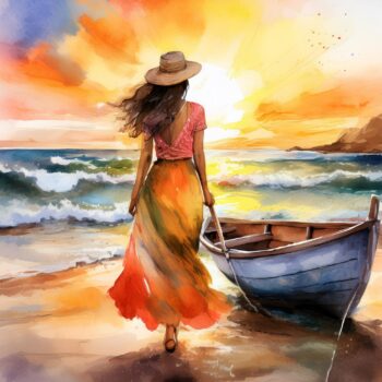 Lámina "Chica y barca en la playa 1"