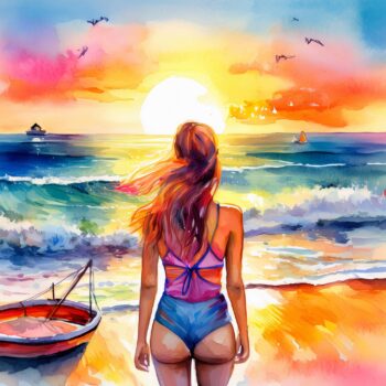 Lámina "Chica y barca en la playa 6”